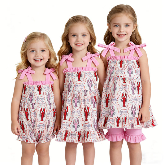 Crayfish Pink Girls Summer Strap Romper Dress Outfits Sisters Wear