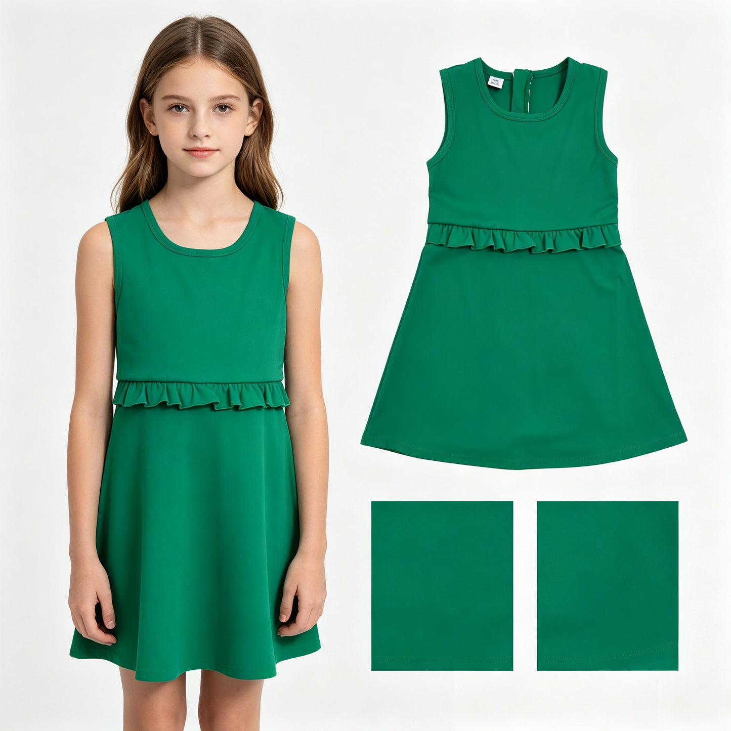 GSD3742 Green Ruffle Girls Sleeveless Zipper Yoga Dress