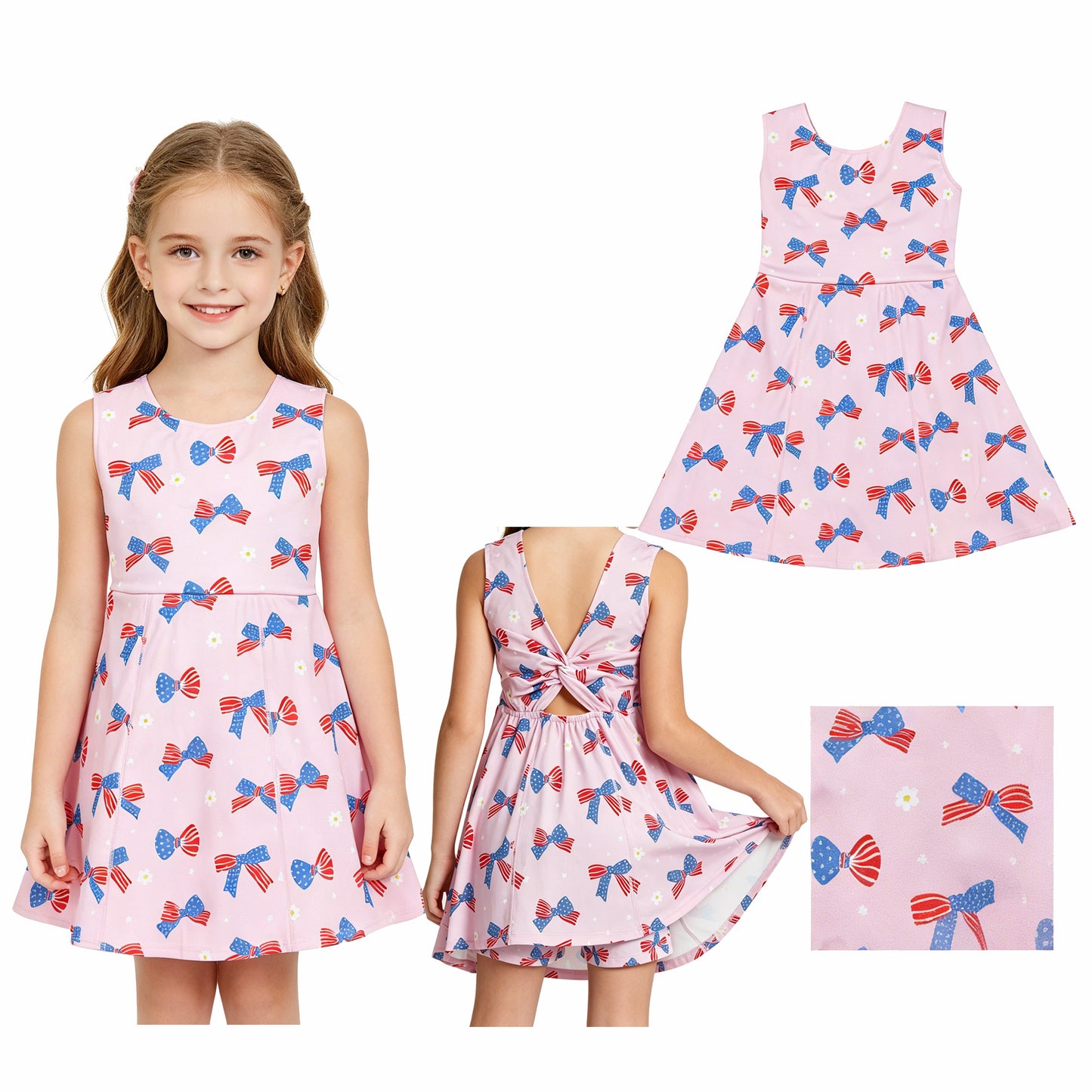 GSD3748 Bows Flowers Pink Girls 4th of July Shorts Knee Length Yoga Dress