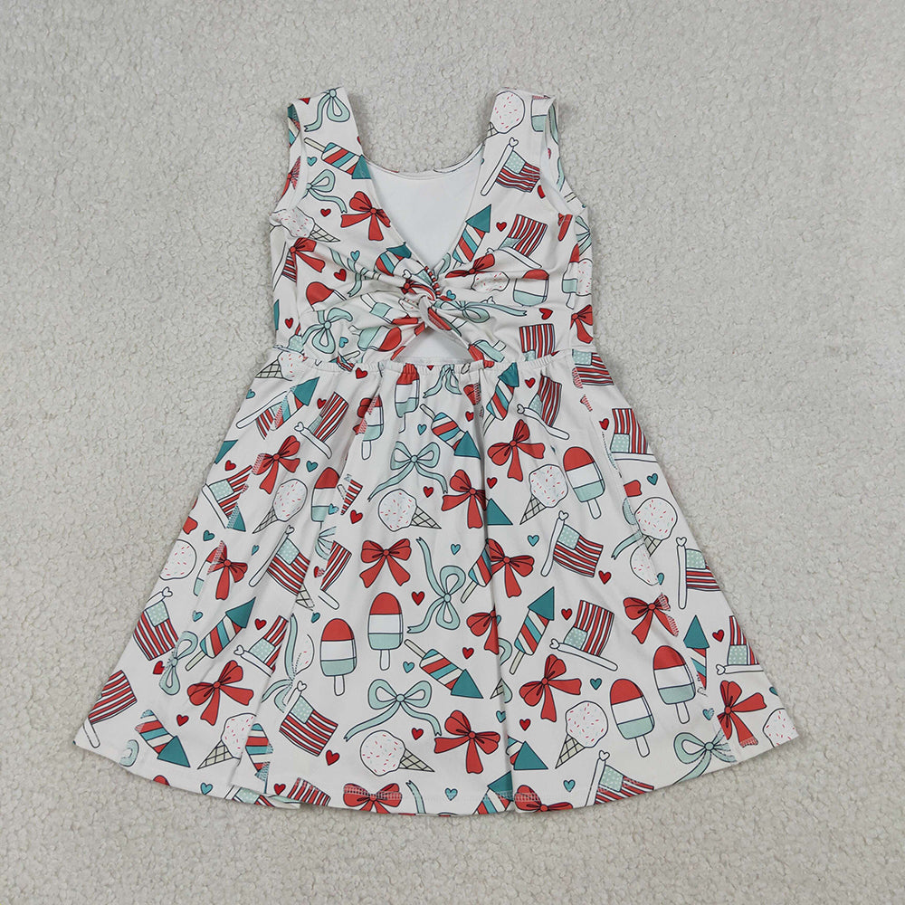 GSD3750 Girls’ Ice Cream & Firework Flag Heart Bow Sleeveless 4th of July Yoga Dress