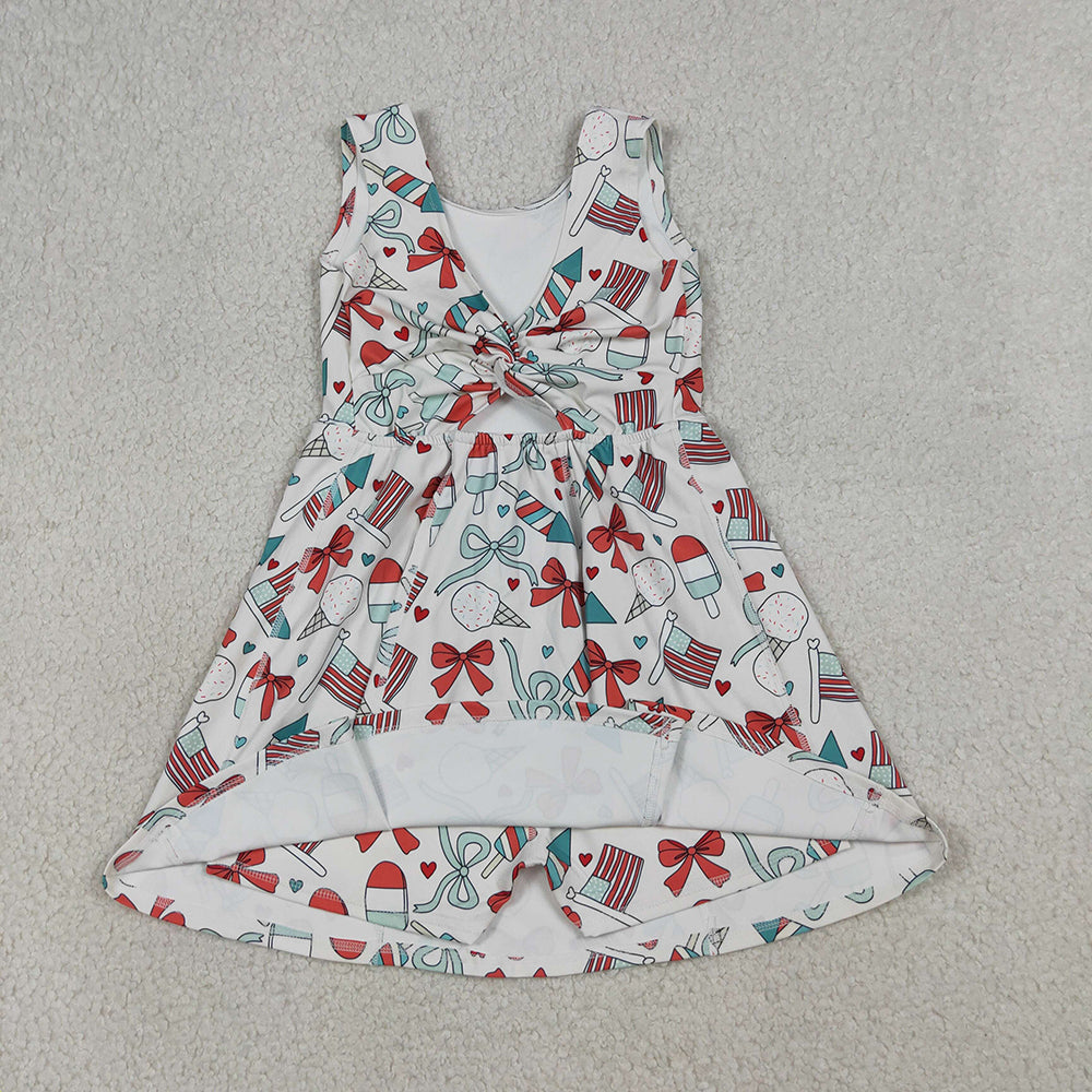 GSD3750 Girls’ Ice Cream & Firework Flag Heart Bow Sleeveless 4th of July Yoga Dress