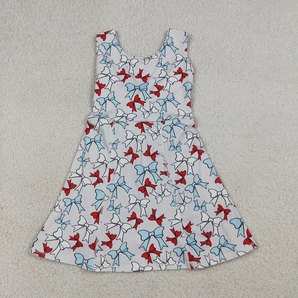 GSD3752 Red Blue Bows Print Girls 4th of July Knee Length Yoga Dress