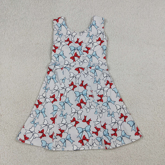GSD3752 Red Blue Bows Print Girls 4th of July Knee Length Yoga Dress