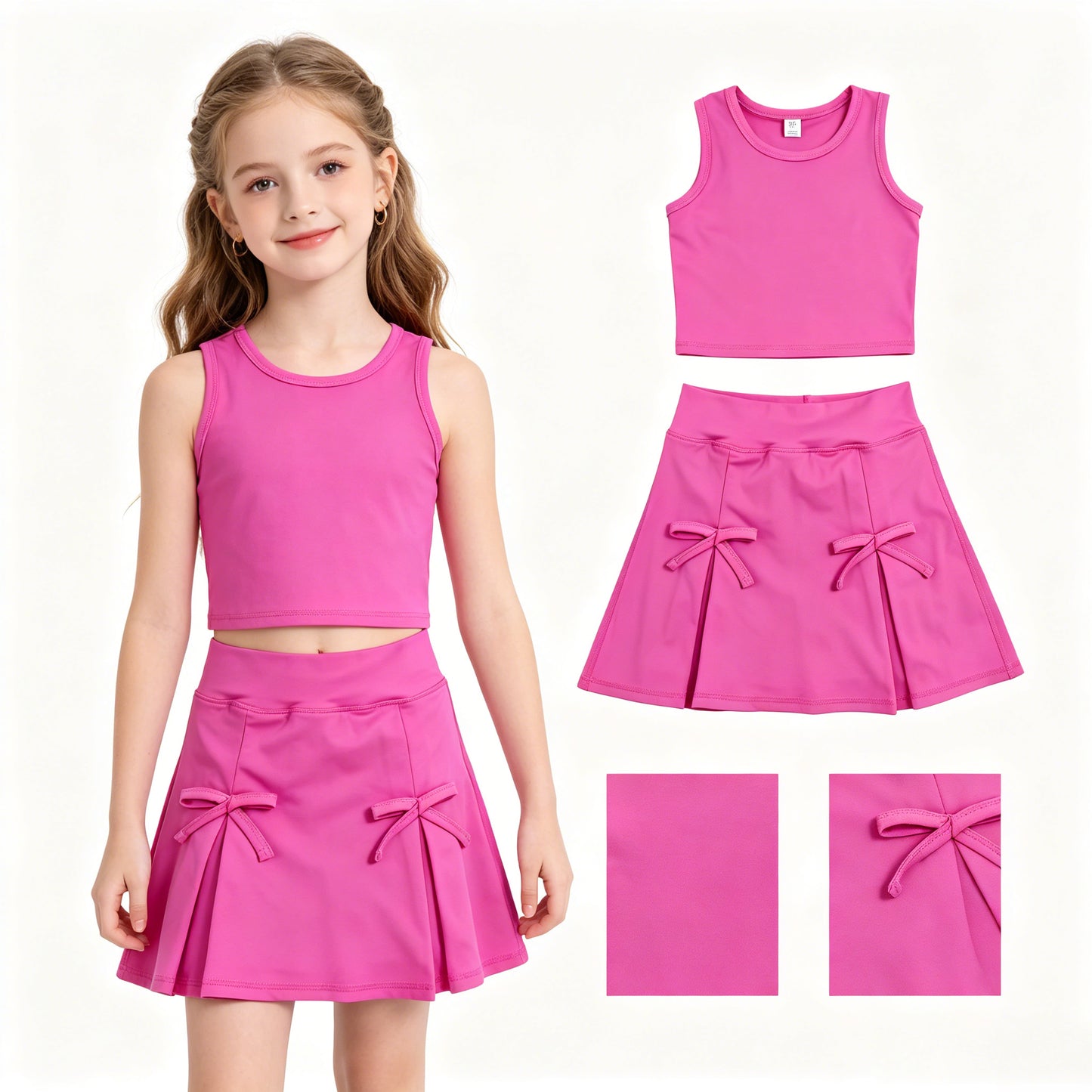 GSD3758 Hot Pink Tank Top Bow Skort Girls Summer Yoga Clothes Set