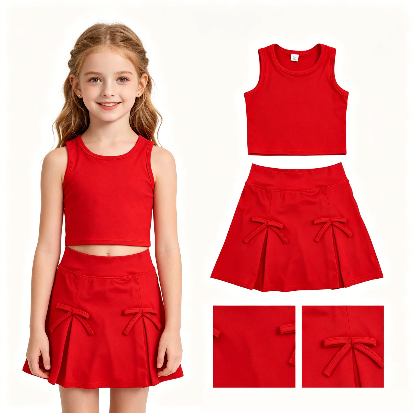 GSD3759 Red Tank Top Bows Skort Girls Summer Yoga Clothes Set