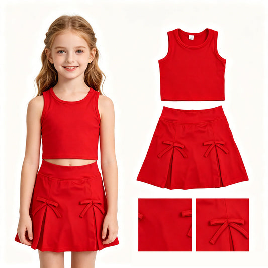 GSD3759 Red Tank Top Bows Skort Girls Summer Yoga Clothes Set