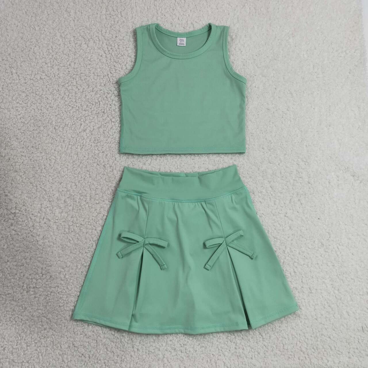 GSD3760 Green Tank Top Bow Skort Girls Summer Yoga Clothes Set