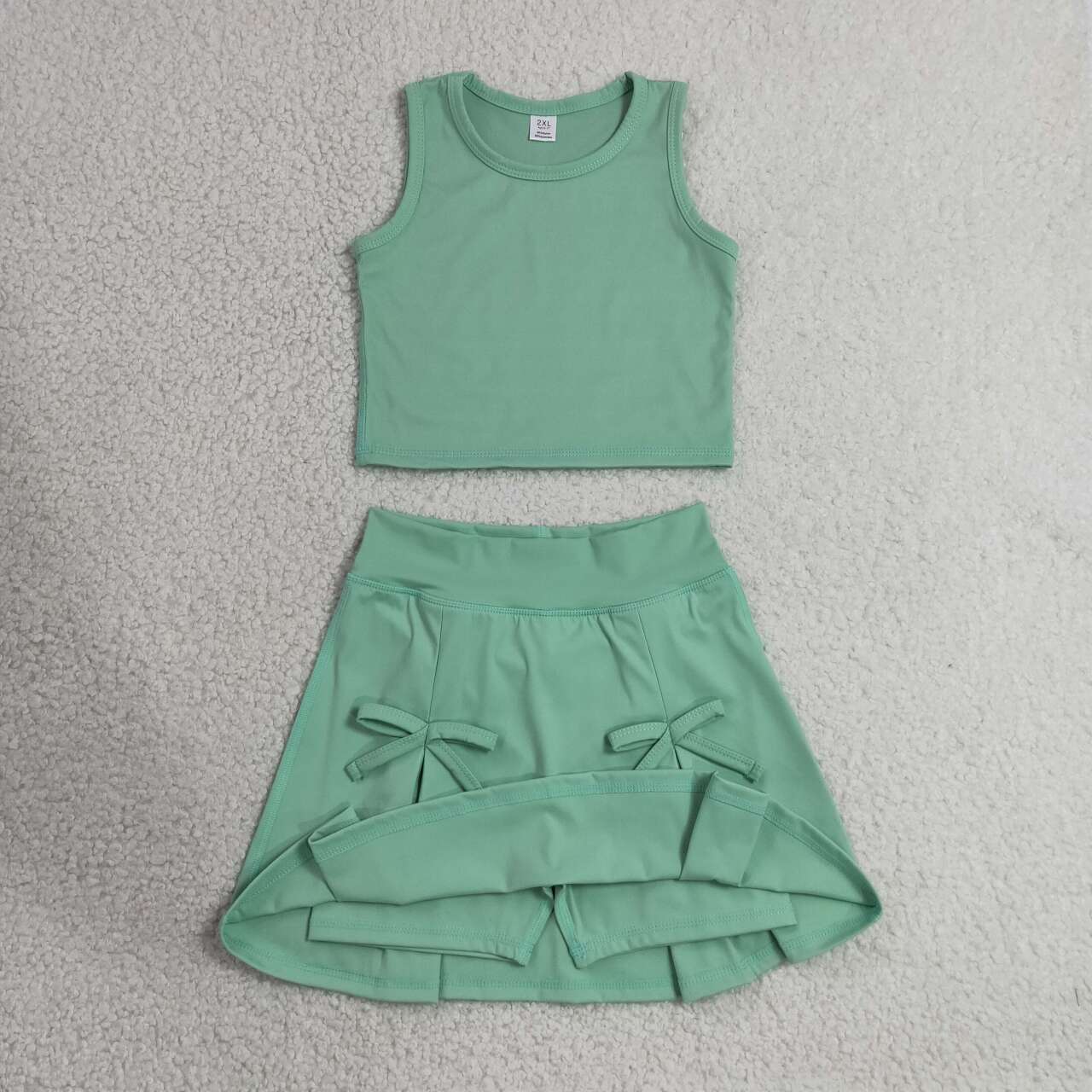 GSD3760 Green Tank Top Bow Skort Girls Summer Yoga Clothes Set