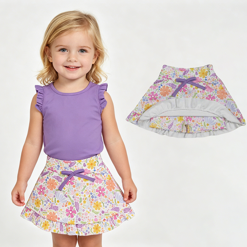 GSD3771 Purple Top & Flowers Skirts Shorts Yoga Sets Baby Girls Active Wear