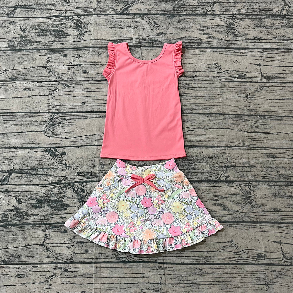 GSD3772 Preorder Pink Vest Top Flowers Skirts Girls Summer Yoga Clothes Set
