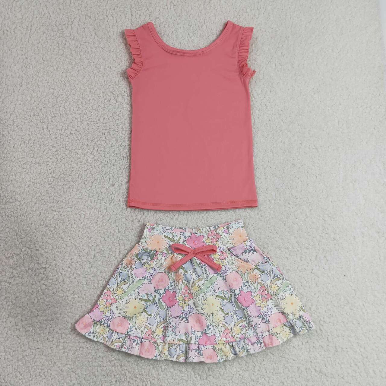 GSD3772 Pink Vest Top Flowers Pockets Skort Girls Summer Yoga Clothes Set