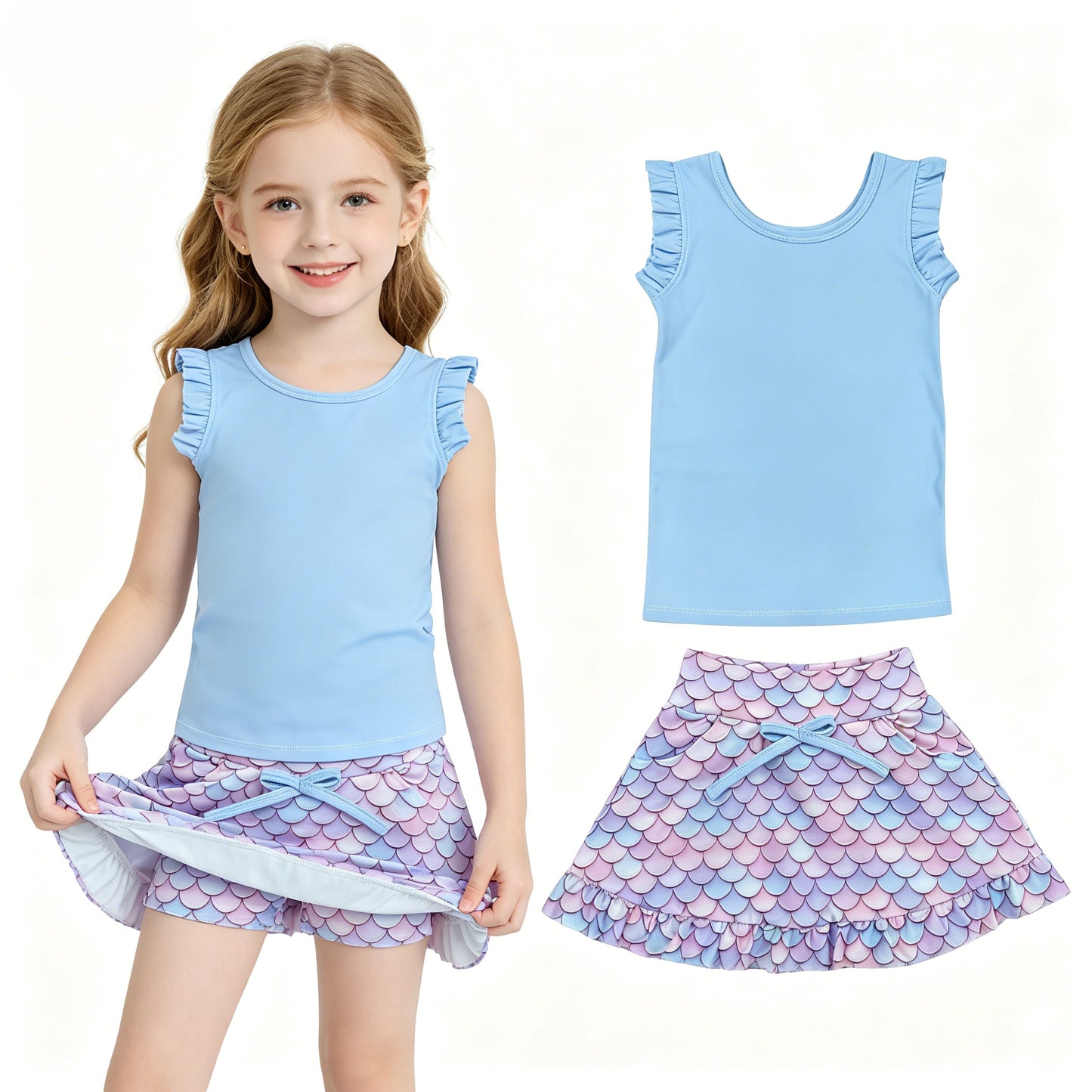 Baby Girls Blue Vest Colorful Scales Skirt Short Yoga Active Outfits