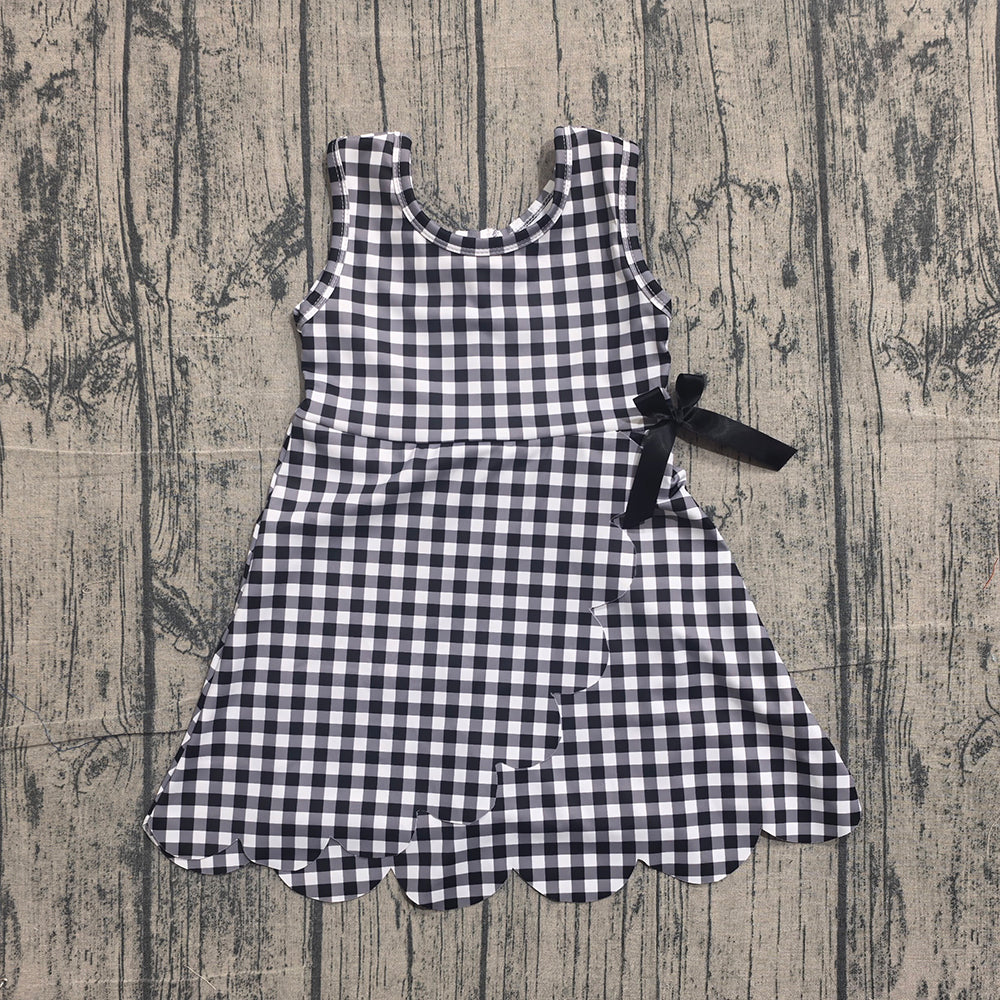 Preorder GSD3777 Black Plaid Print Girls Bows Scallop Yoga Dress