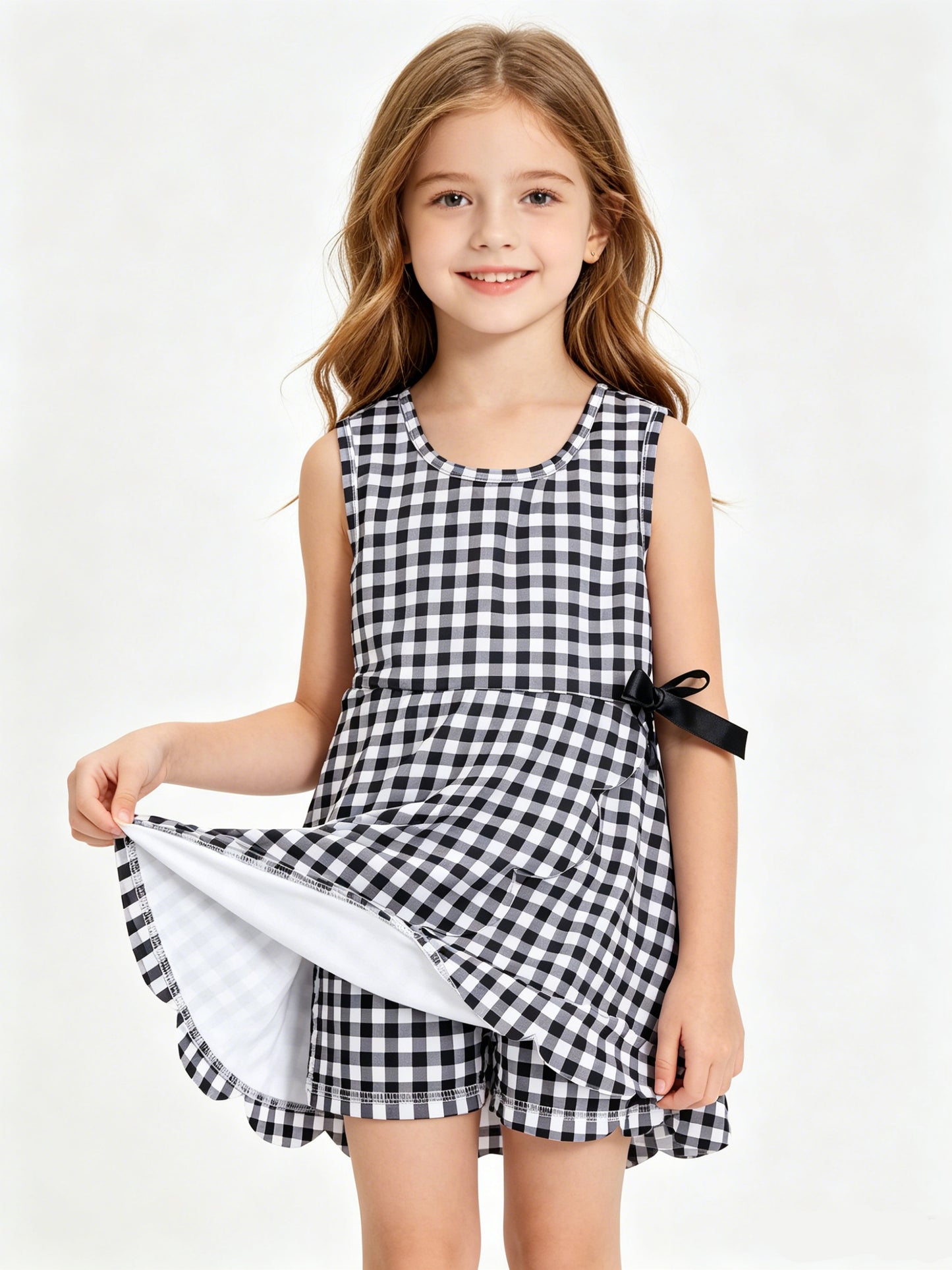 GSD3777 Black Plaid Print Girls Bows Scallop Yoga Active Zipper Dress