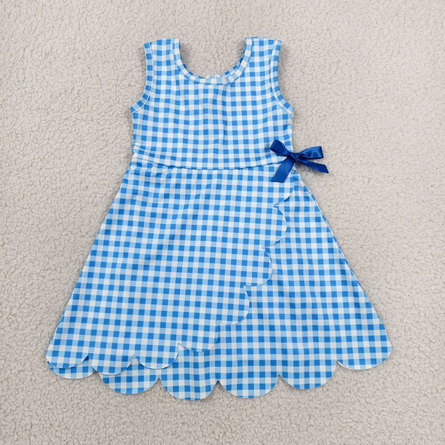 GSD3778 Blue Plaid Print Girls Bows Scallop Yoga Active Zipper Dress