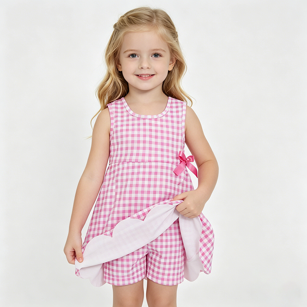 4 Colors Plaid Print Baby Girls Sleeveless Scallop Edge Shorts Yoga Dress Sisters Wear