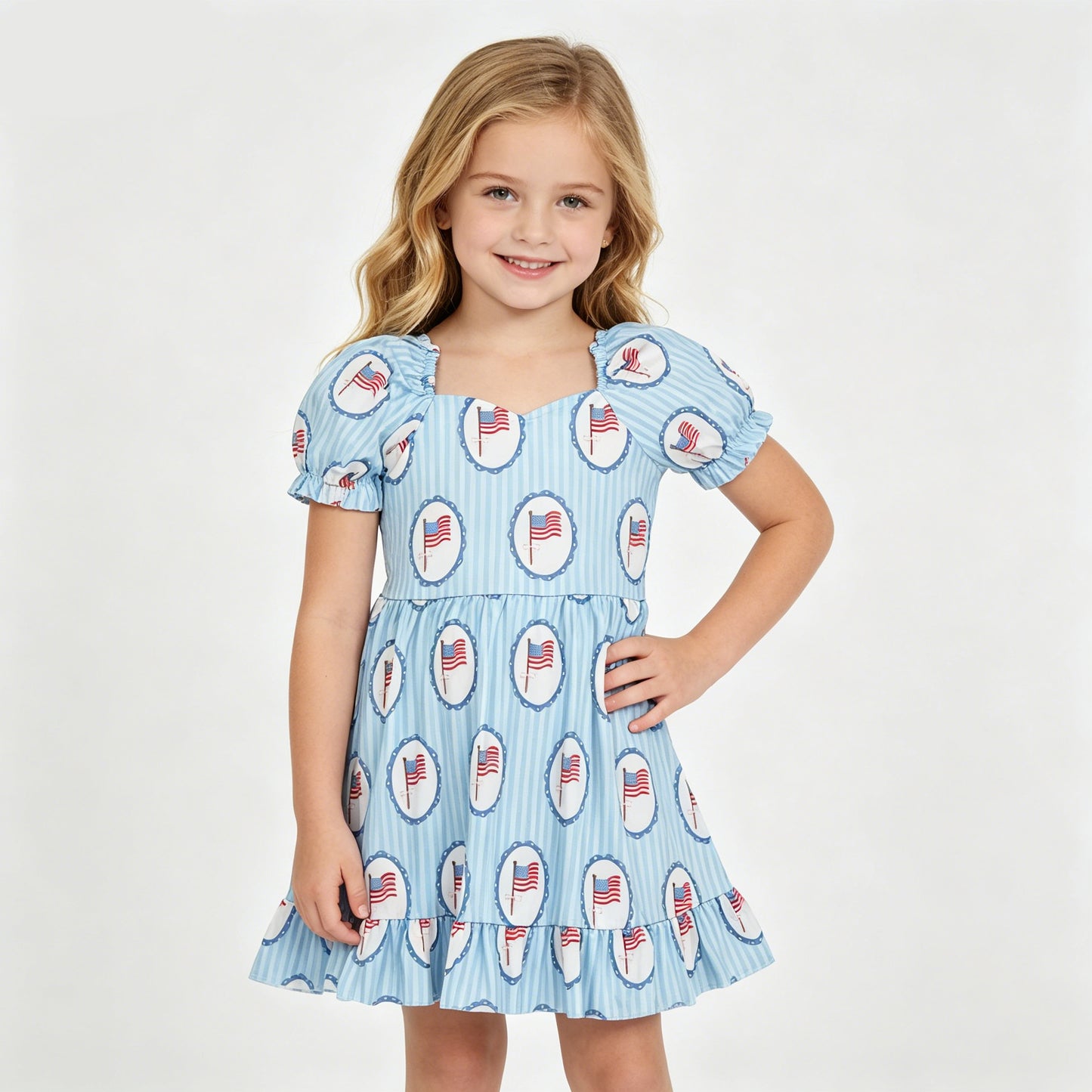 GSD3792 Flag Stripes Print Girls 4th of July Knee Length Dress