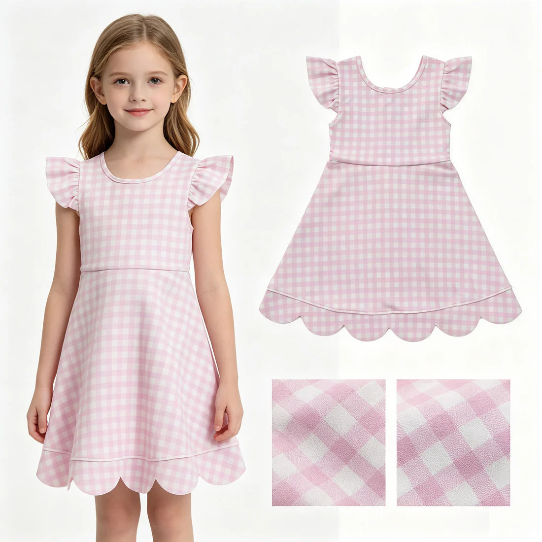 Toddler Girls Pink Gingtham Flutter Sleeve Knee Length Scalloped Dress