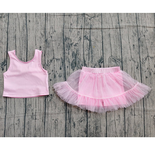GSD3806 Baby Girls Pink Tank Backless Top Tulle Skirt Shorts Yoga Active Clothes Set Preorder