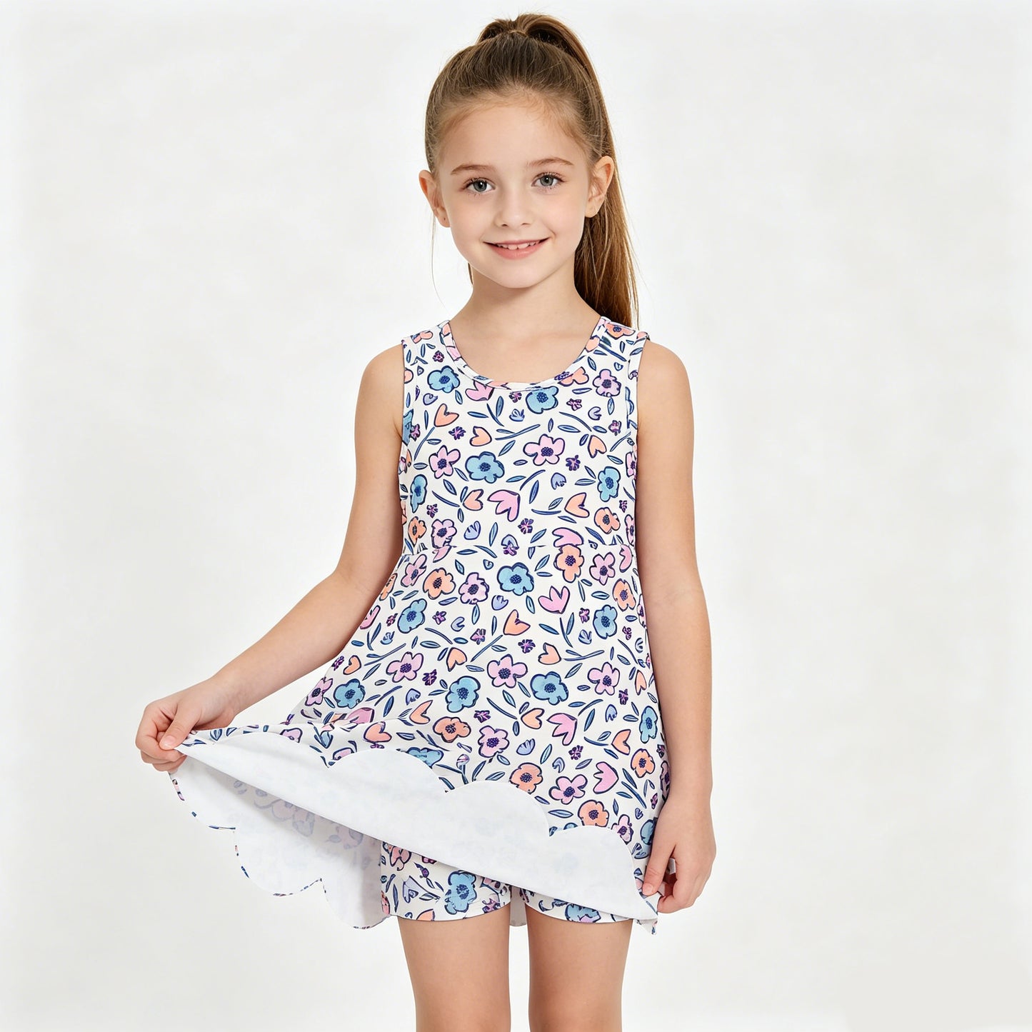 GSD3808 Pink Blue Flowers Girls Summer Scallop Yoga Dress