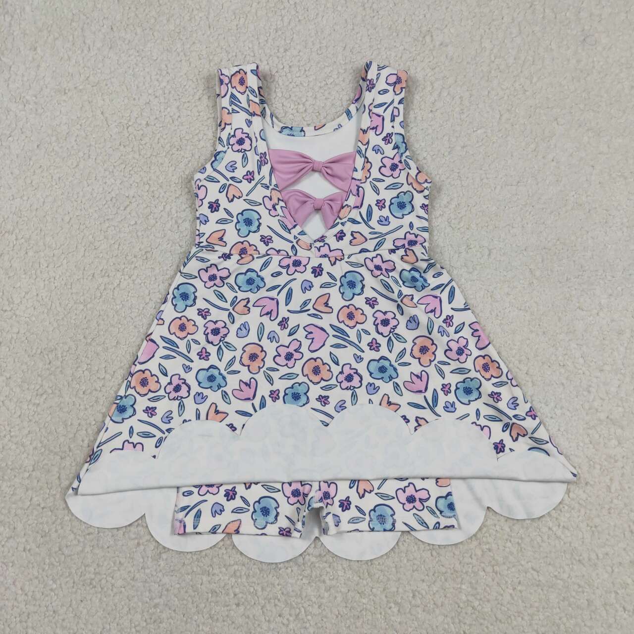 GSD3808 Pink Blue Flowers Girls Summer Scallop Yoga Dress