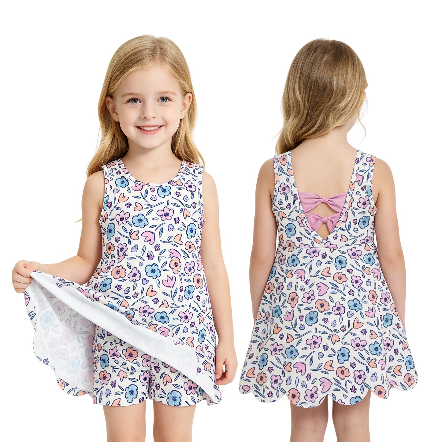 GSD3808 Pink Blue Flowers Girls Summer Scallop Yoga Dress