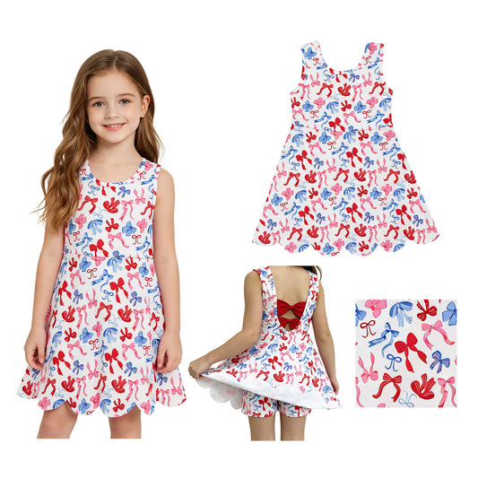 GSD3809 Red Blue Bows Girls 4th of July Shorts Knee Length Yoga Scallop Dress