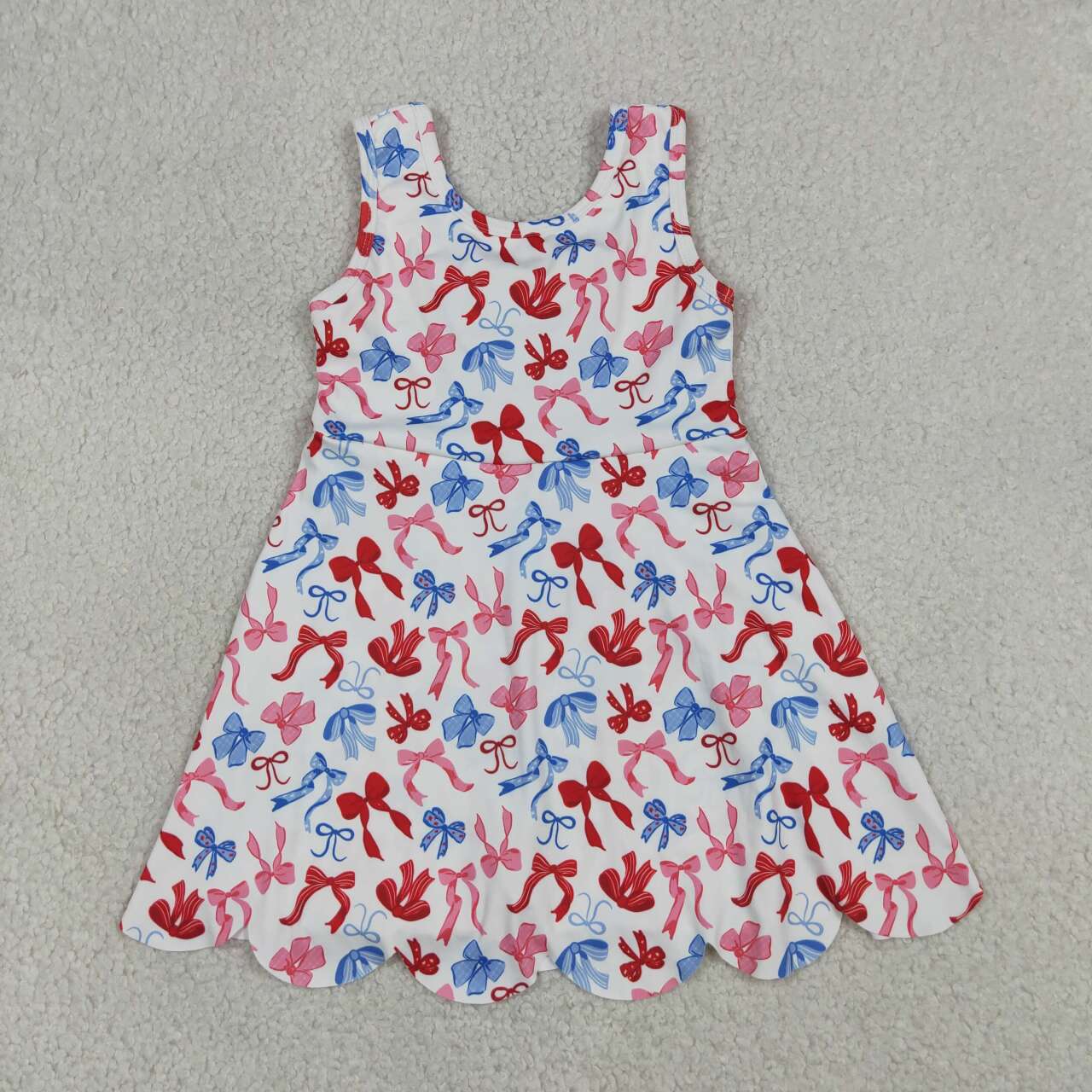 GSD3809 Red Blue Bows Girls 4th of July Shorts Knee Length Yoga Scallop Dress
