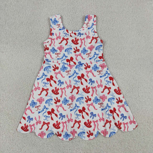 GSD3809 Red Blue Bows Girls 4th of July Shorts Knee Length Yoga Scallop Dress