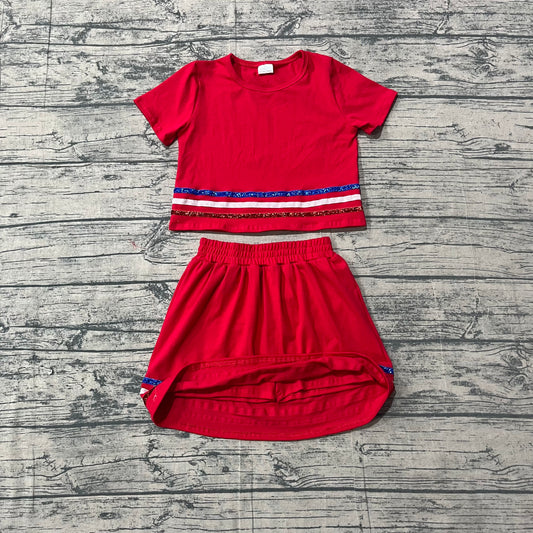 Preorder Girls 4th of July Red Outfit - Sequin Stripe Crop Top & Skort Set