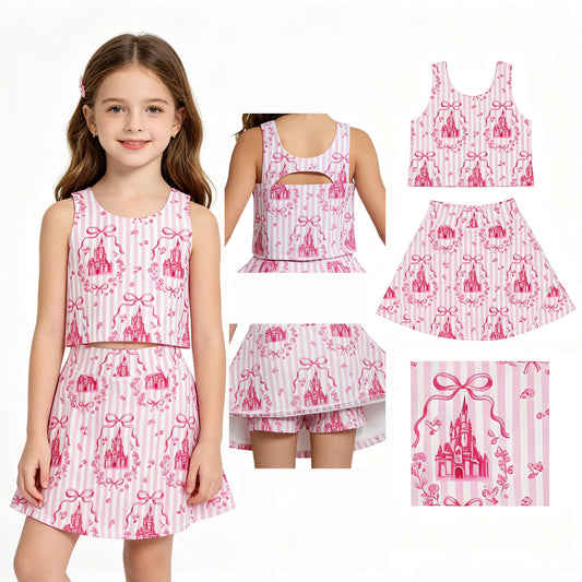 GSD3814 Pink Stripe Bows Castles Tank Top Skort Baby Girls Yoga Active Clothes Set
