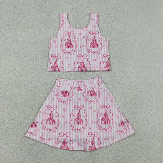 GSD3814 Pink Stripe Bows Castles Tank Top Skort Baby Girls Yoga Active Clothes Set