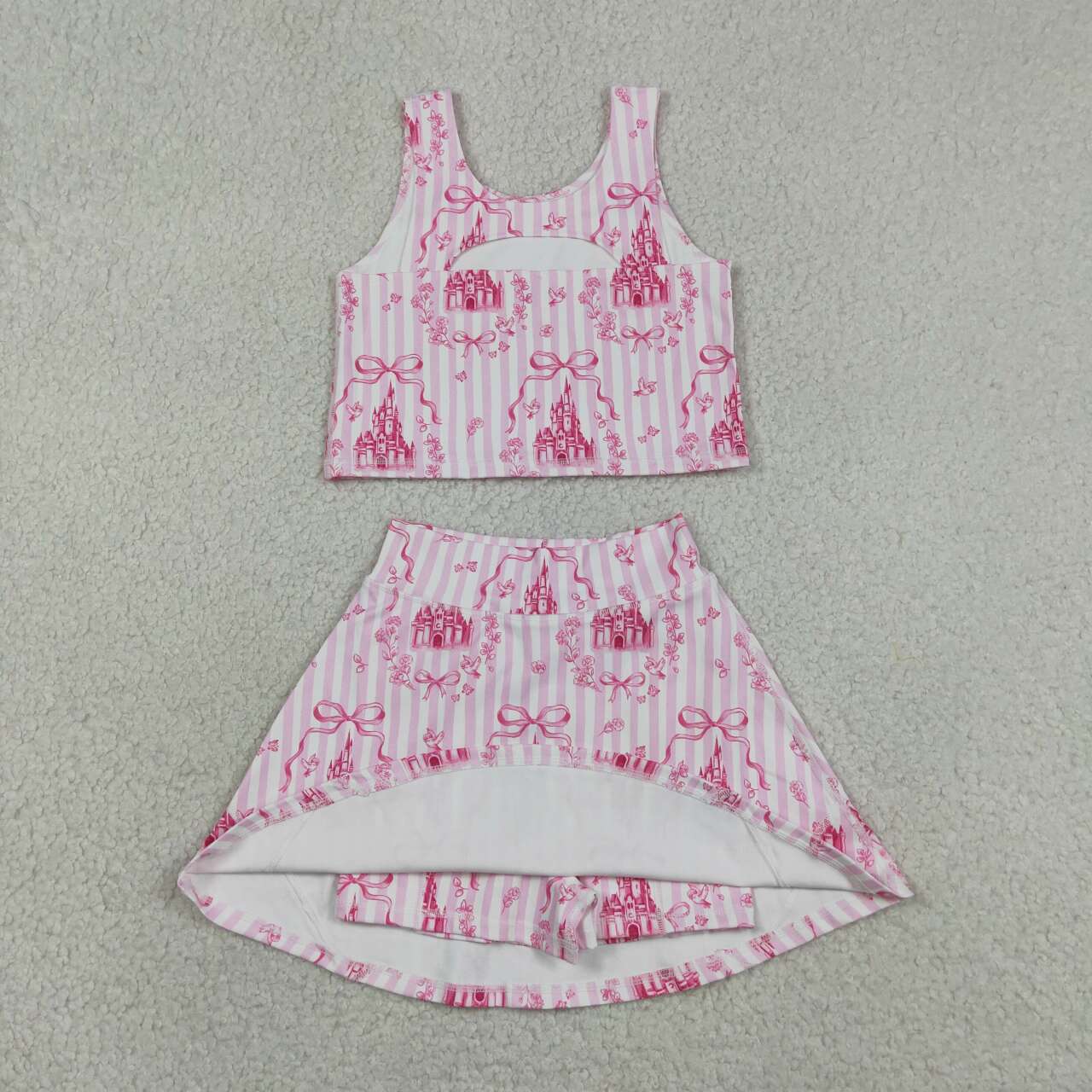 GSD3814 Pink Stripe Bows Castles Tank Top Skort Baby Girls Yoga Active Clothes Set