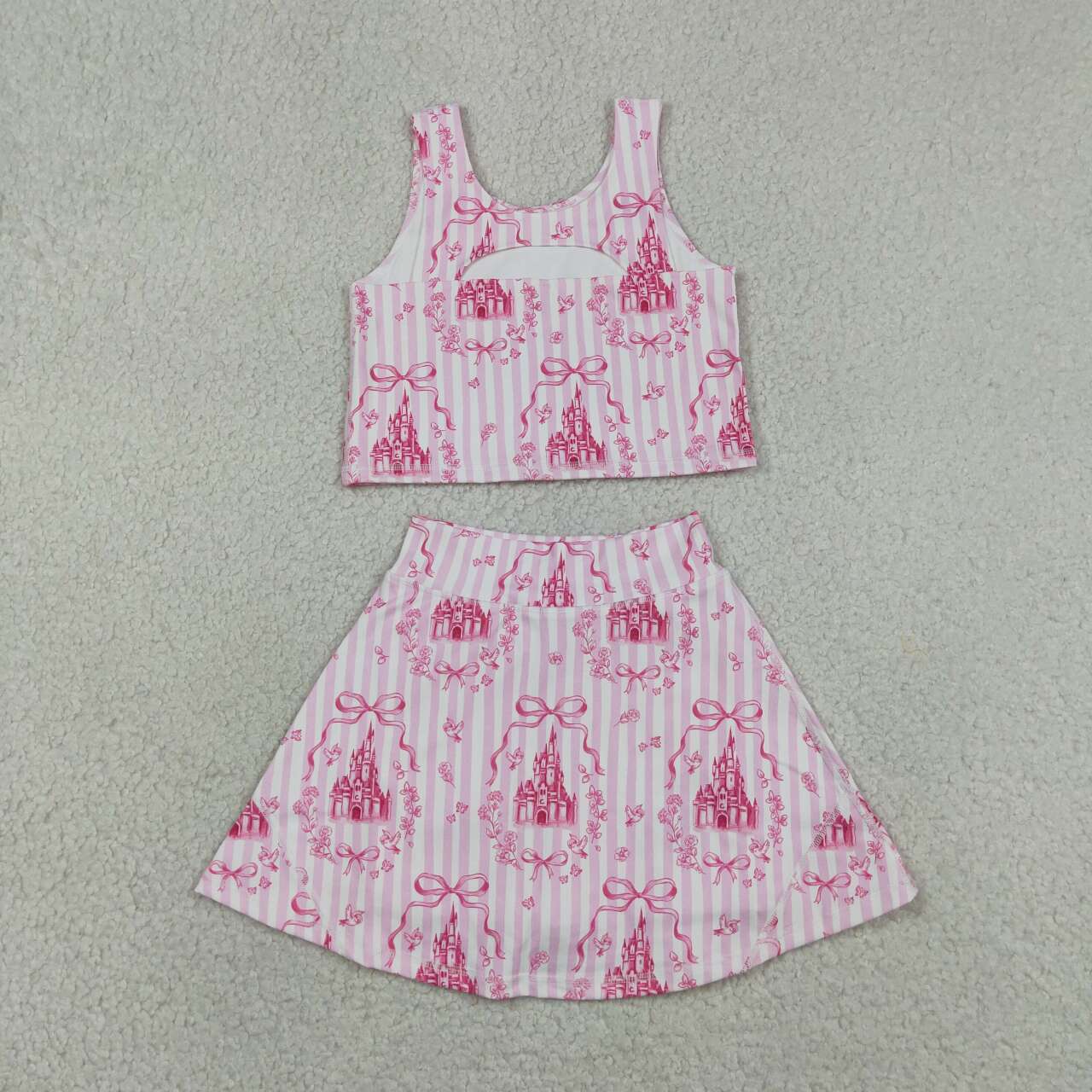 GSD3814 Pink Stripe Bows Castles Tank Top Skort Baby Girls Yoga Active Clothes Set
