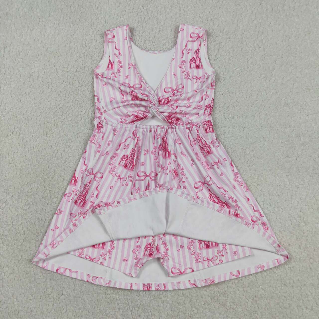 GSD3815 Castle Flowers Bows Stripes Pink Print Girls Summer Shorts Knee Length Yoga Dress