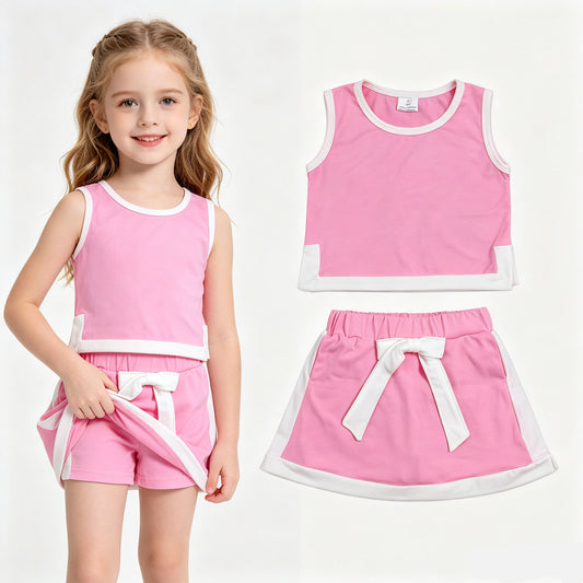 GSD3829 Girls Pink White Contrast Cotton Set - Sleeveless Tank Top with Built-in Shorts Outfit