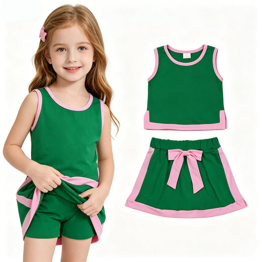 GSD3830 Green Pink Tank Top Skort Baby Girls Summer Cotton Clothes Set