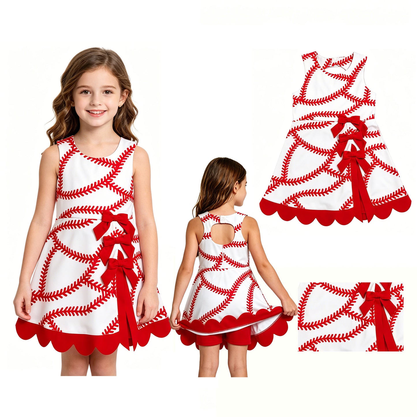 GSD3833 Baseball Print Girls Summer Bows Scallop Knee Length Yoga Dress