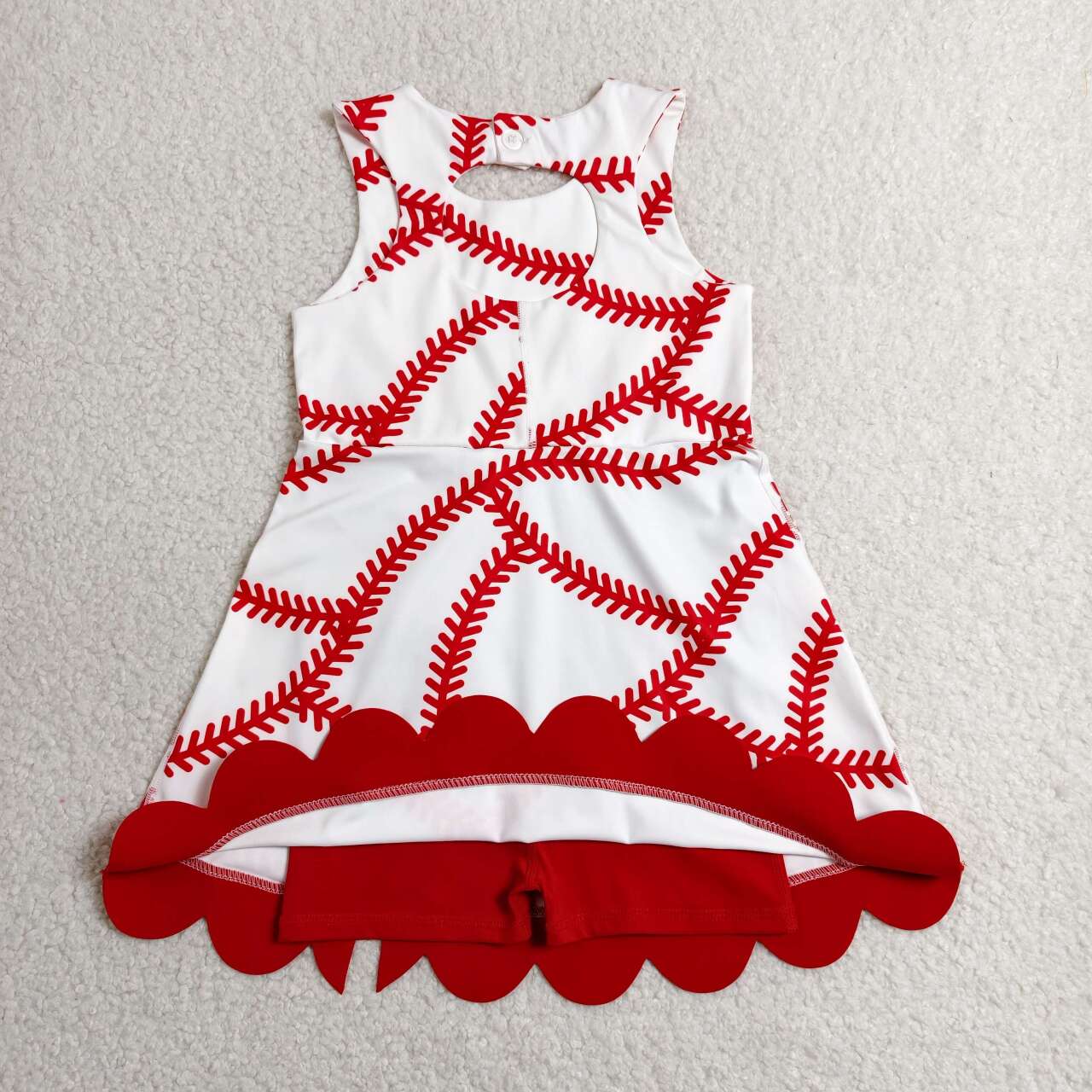 GSD3833 Baseball Print Girls Summer Bows Scallop Knee Length Yoga Dress