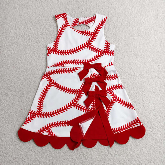 Softball & Baseball Print Girls Summer Bows Scallop Knee Length Yoga Dress Sisters Wear