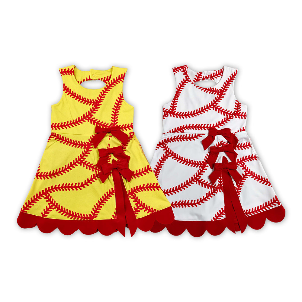 Softball & Baseball Print Girls Summer Bows Scallop Knee Length Yoga Dress Sisters Wear
