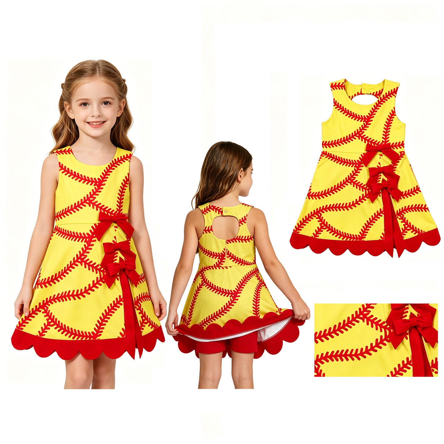 GSD3834 Softball Print Girls Summer Bows Scallop Knee Length Yoga Dress