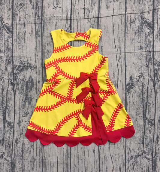 Preorder GSD3834 Softball Print Girls Summer Bows Knee Length Yoga Dress