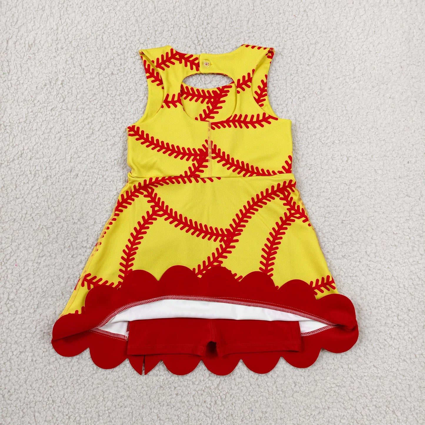 GSD3834 Softball Print Girls Summer Bows Scallop Knee Length Yoga Dress