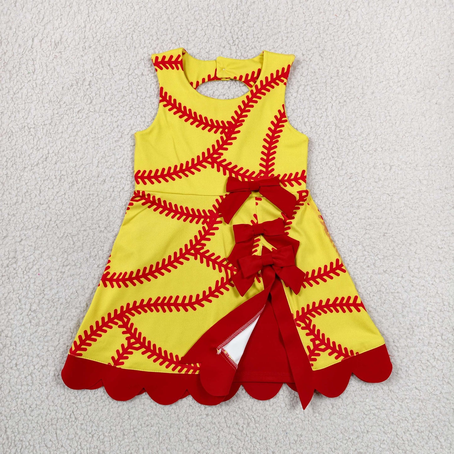 GSD3834 Softball Print Girls Summer Bows Scallop Knee Length Yoga Dress