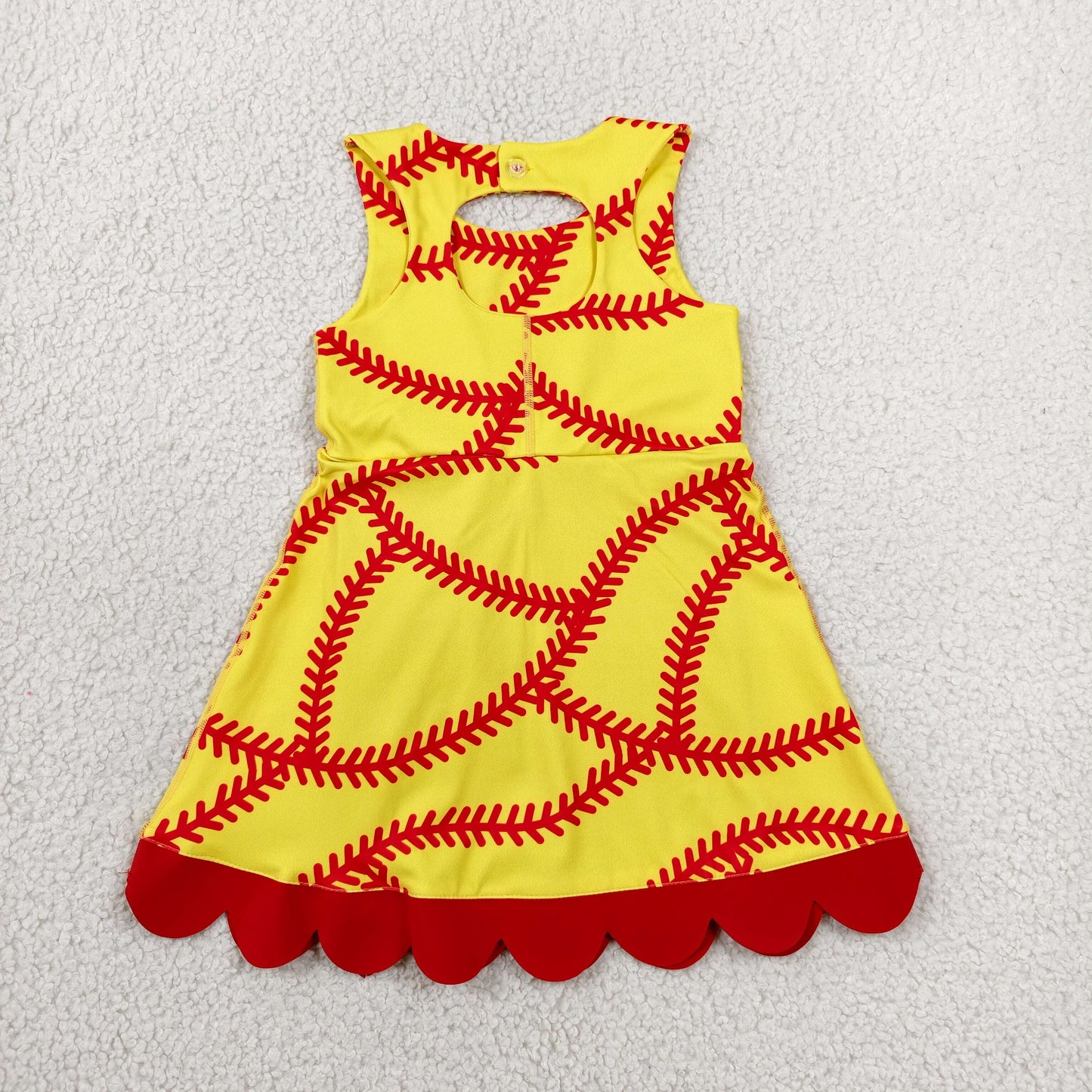 GSD3834 Softball Print Girls Summer Bows Scallop Knee Length Yoga Dress
