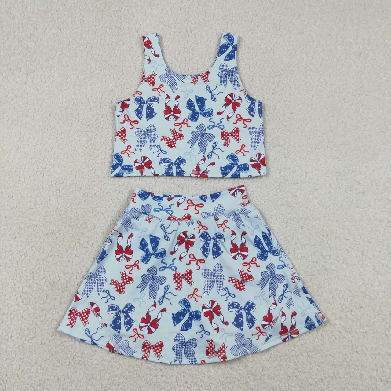 GSD3874 Red Blue Bows Tank Top Skort Girls 4th of July Yoga Clothes Set