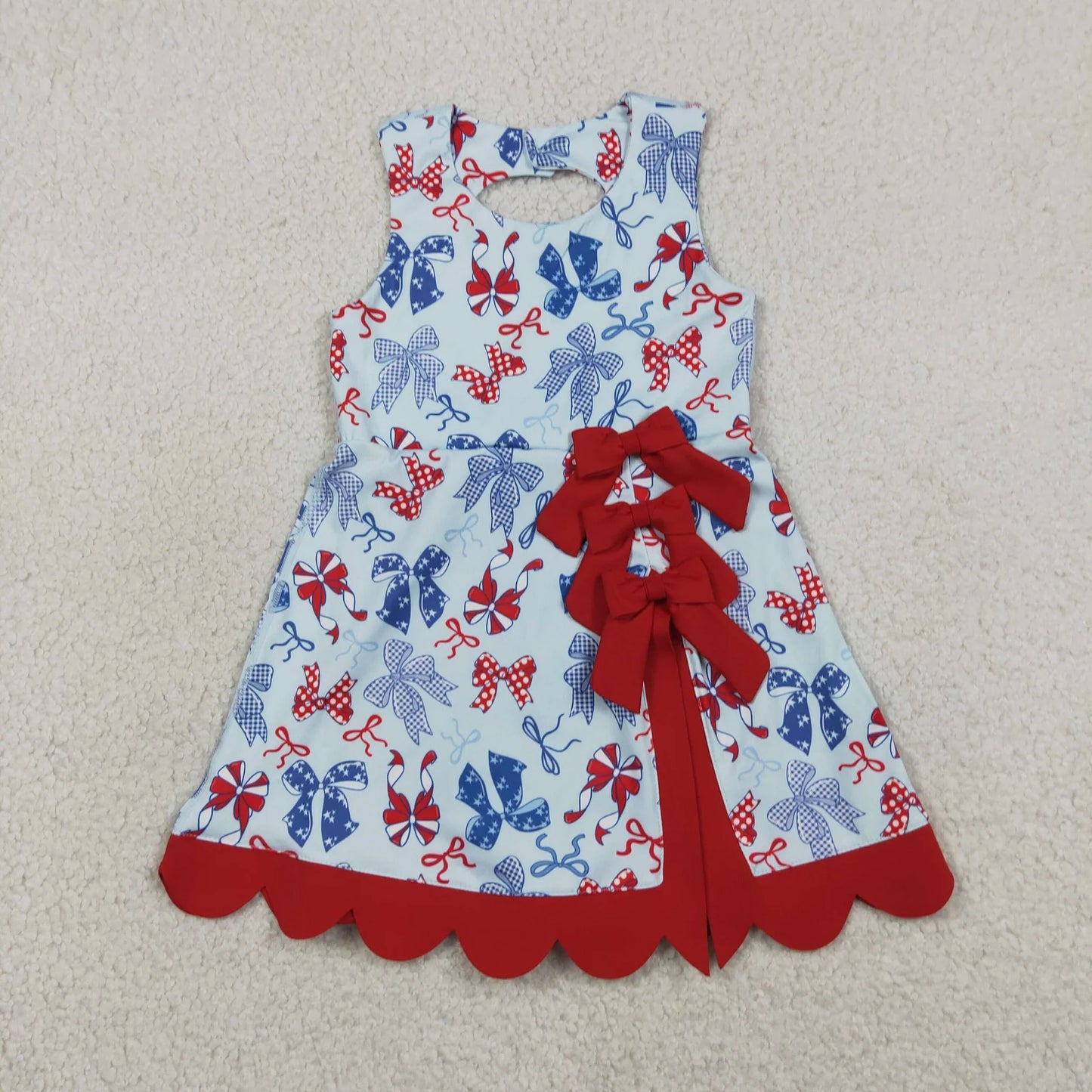 Sibling Baby Girls Bows Flags 4th of July Yoga Active Scallop Short Knee Length Dresses