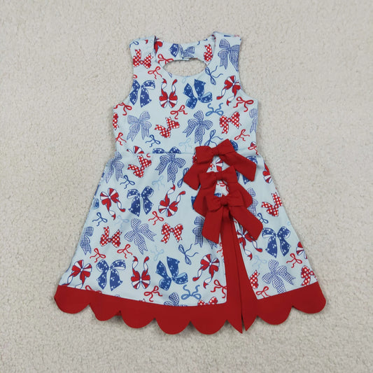 Sibling Baby Girls Bows Flags 4th of July Yoga Active Scallop Short Knee Length Dresses