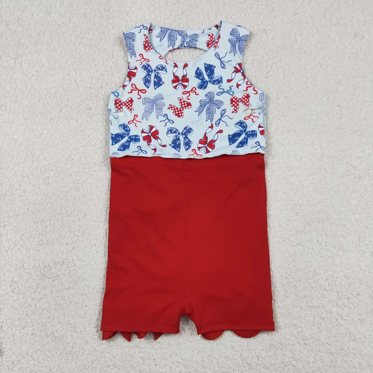 GSD3875 Red Blue Bows Girls 4th of July Shorts Knee Length Yoga Scallop Dress